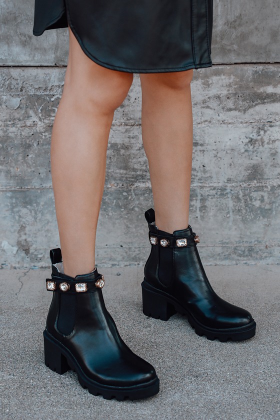 Women's Leather Chelsea Ankle Boots Ladies Rhinestone Block Heels Booties Shoes